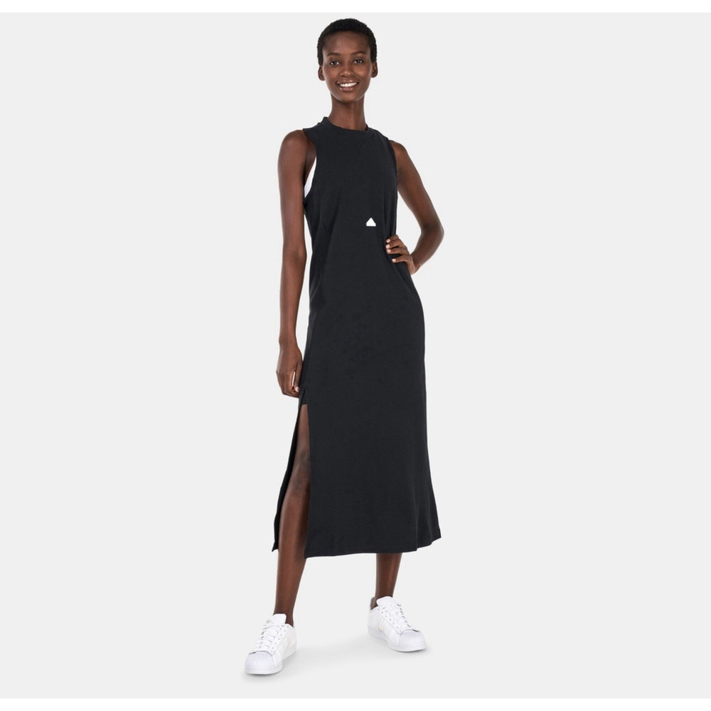 ADIDAS Women’s Black Ribbed Sleeveless Athletic Midi Dress Sz S Sporty Chic